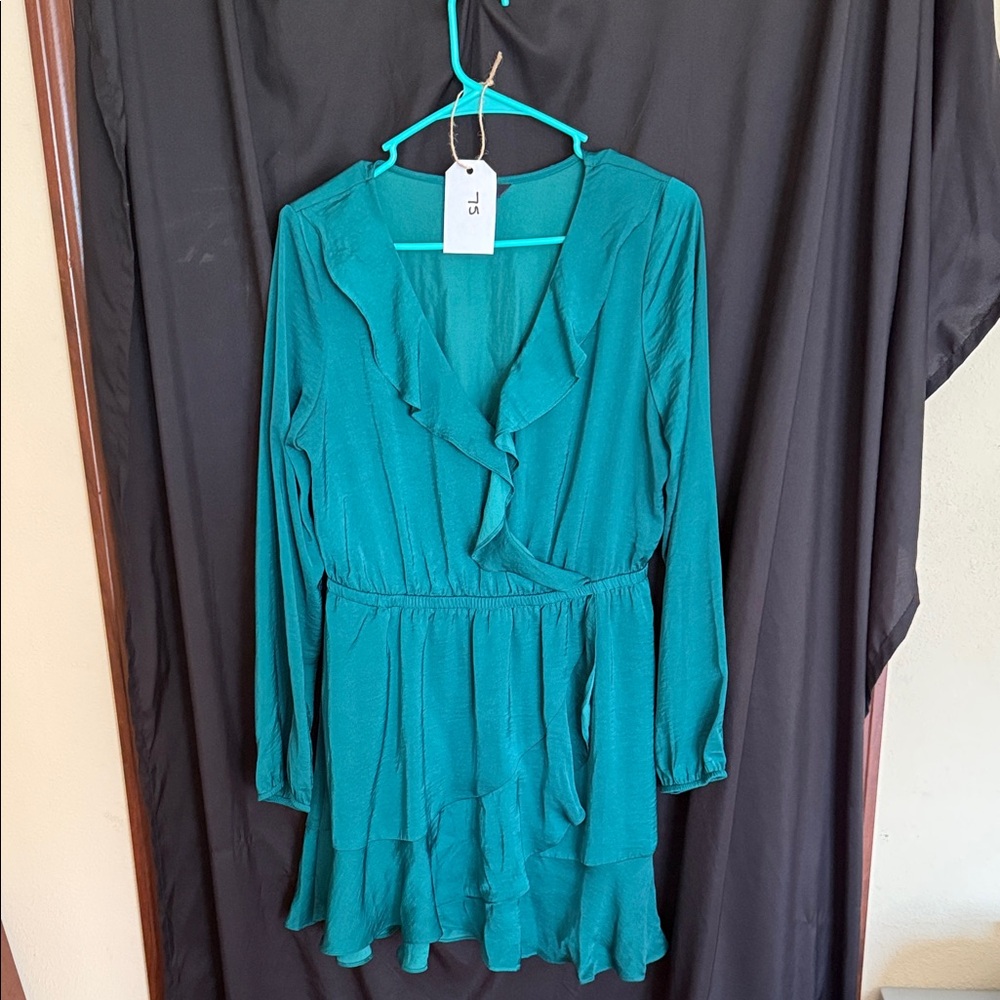 #75–Satin Teal Long Sleeve Ruffle Dress